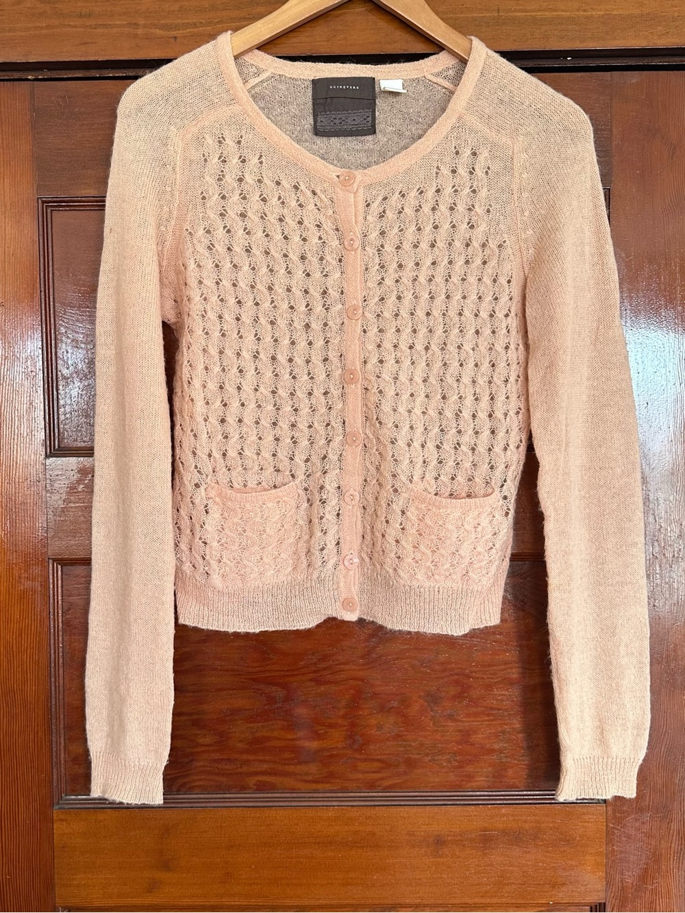 Anthro Guinevere Peach Pointelle Open Knit Cardigan Sweater Sz Small Cottagecore